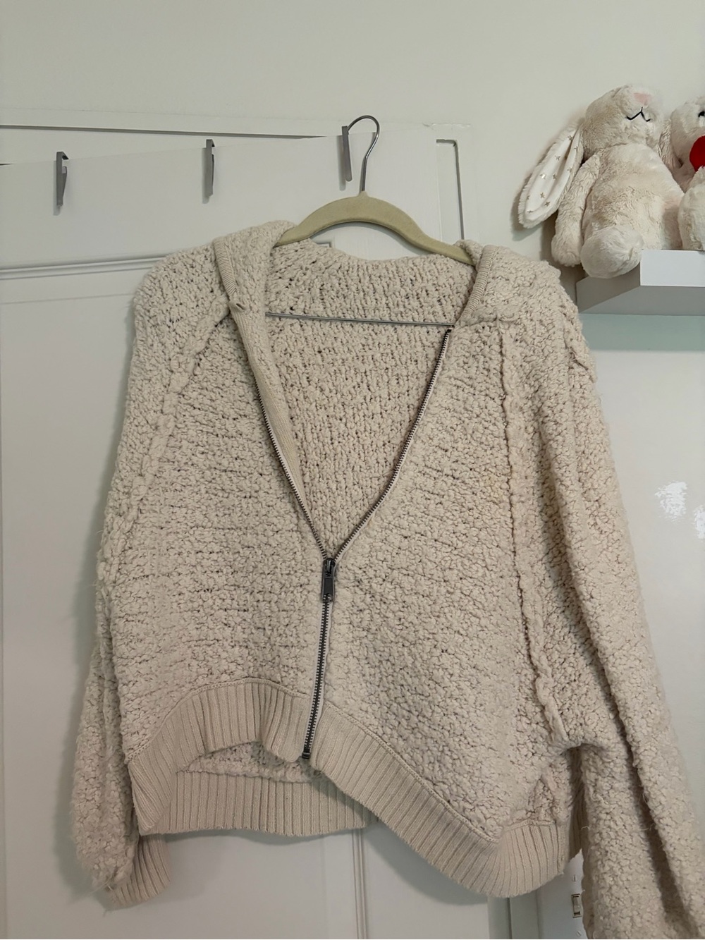 Free People Cream Textured Zip Hoodie Cardigan